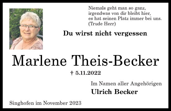 Traueranzeige von Marlene Theis-Becker von Rhein-Lahn-Zeitung