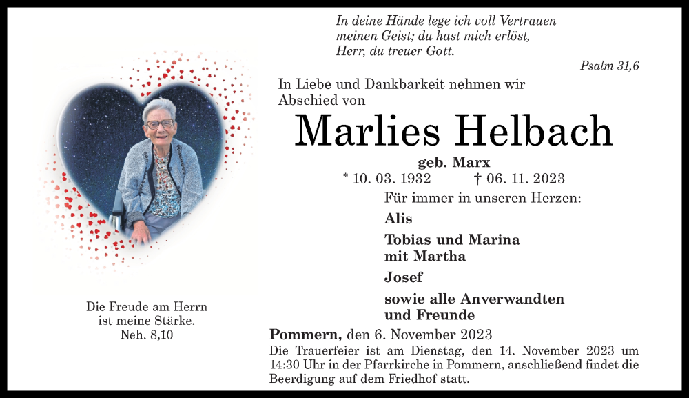 Traueranzeige für Marlies Helbach vom 11.11.2023 aus Rhein-Zeitung