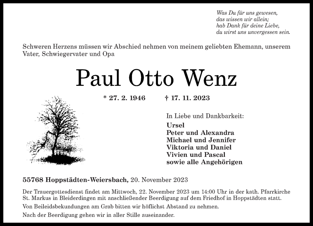  Traueranzeige für Paul Otto Wenz vom 21.11.2023 aus Nahe-Zeitung