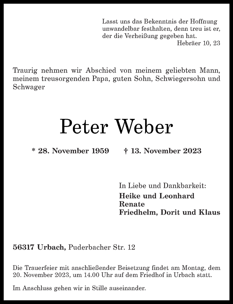  Traueranzeige für Peter Weber vom 18.11.2023 aus Rhein-Zeitung