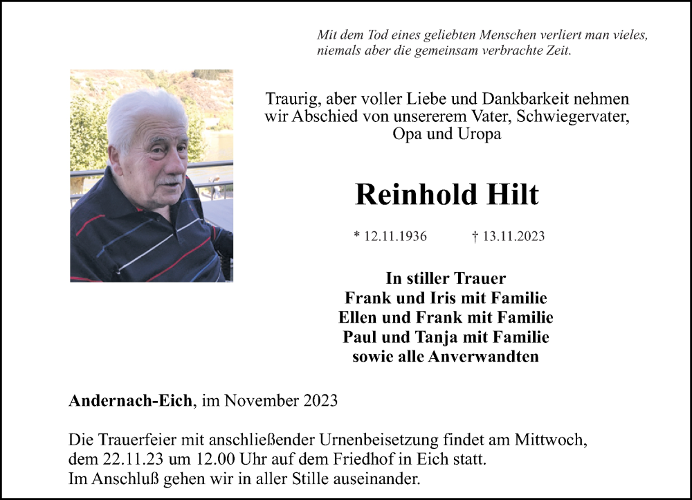  Traueranzeige für Reinhold Hilt vom 18.11.2023 aus Rhein-Zeitung