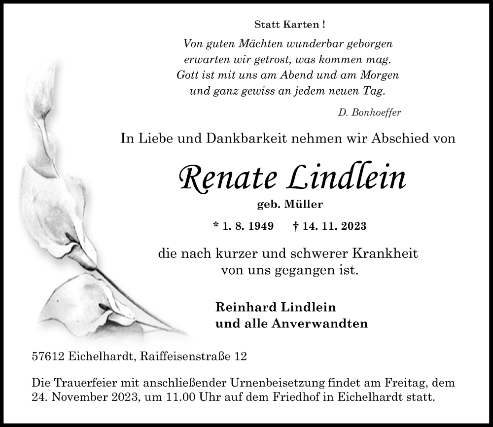  Traueranzeige für Renate Lindlein vom 18.11.2023 aus Rhein-Zeitung
