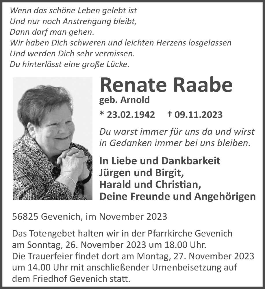  Traueranzeige für Renate Raabe vom 18.11.2023 aus Rhein-Zeitung