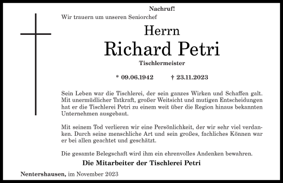 Traueranzeige von Richard Petri von Westerwälder Zeitung