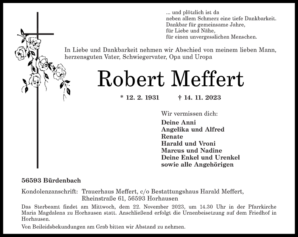  Traueranzeige für Robert Meffert vom 18.11.2023 aus Rhein-Zeitung