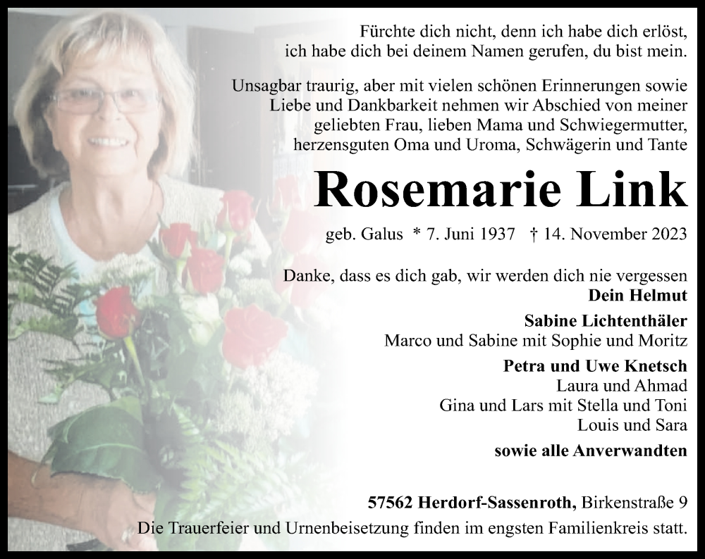  Traueranzeige für Rosemarie Link vom 18.11.2023 aus Rhein-Zeitung