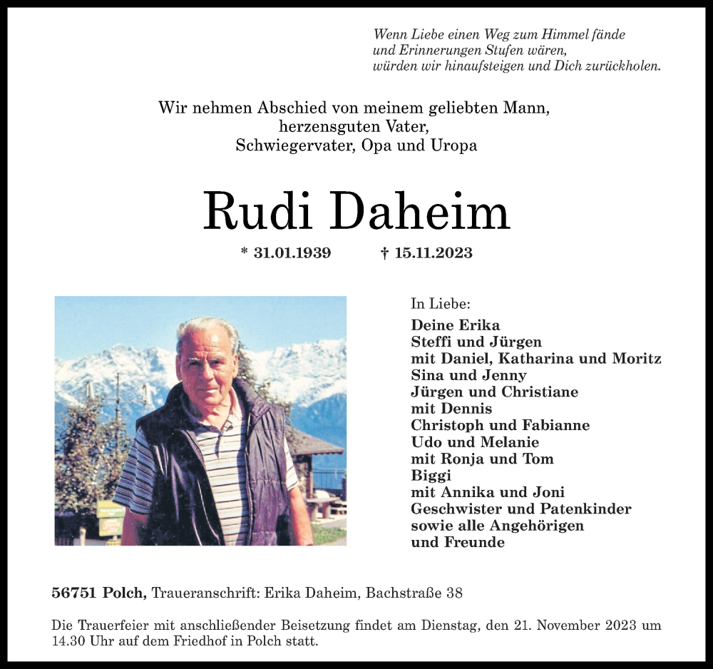  Traueranzeige für Rudi Daheim vom 18.11.2023 aus Rhein-Zeitung
