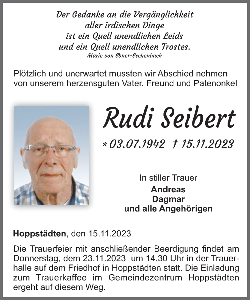  Traueranzeige für Rudi Seibert vom 21.11.2023 aus Nahe-Zeitung