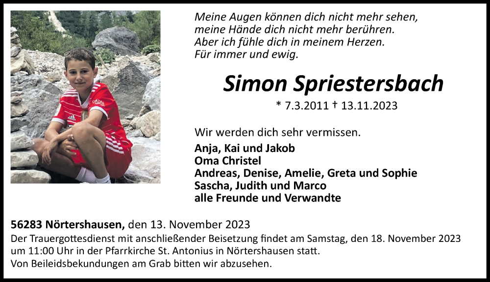  Traueranzeige für Simon Spriestersbach vom 16.11.2023 aus Rhein-Zeitung