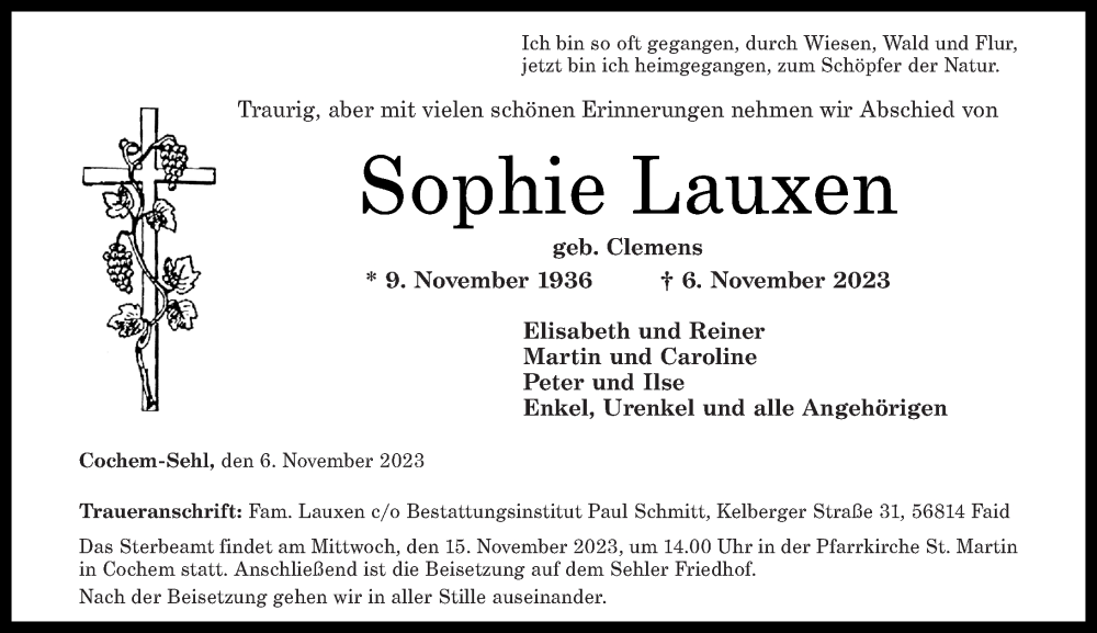  Traueranzeige für Sophie Lauxen vom 11.11.2023 aus Rhein-Zeitung