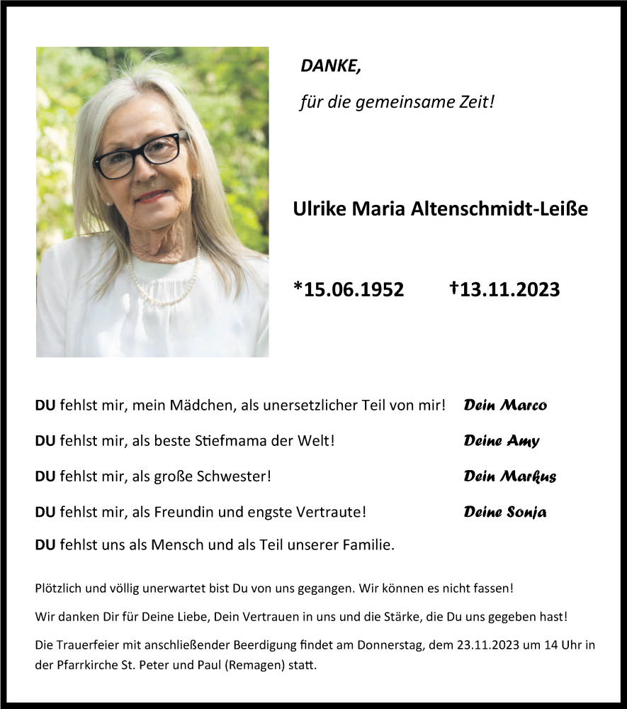  Traueranzeige für Ulrike Maria Altenschmidt-Leiße vom 18.11.2023 aus Rhein-Zeitung