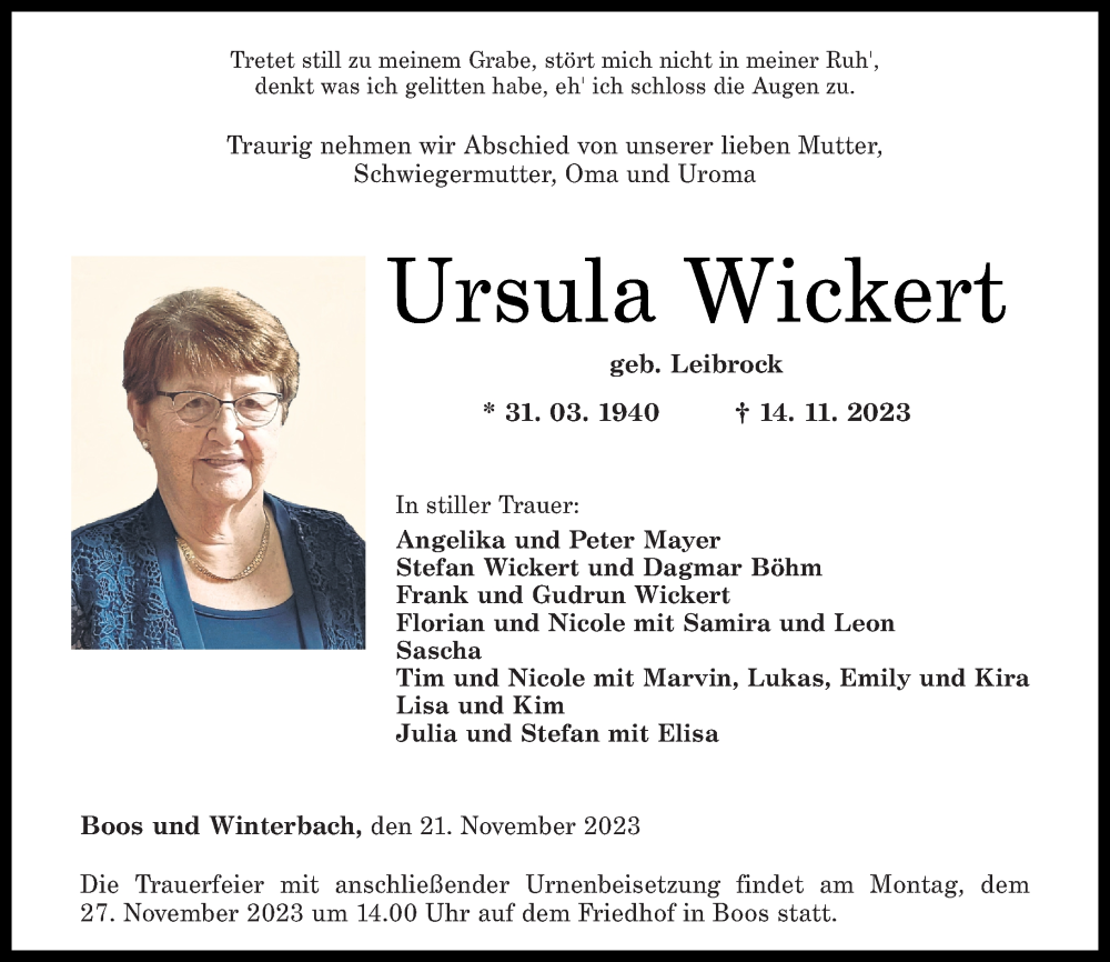  Traueranzeige für Ursula Wickert vom 21.11.2023 aus Oeffentlicher Anzeiger