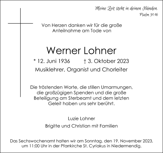 Traueranzeige von Werner Lohner von Rhein-Zeitung
