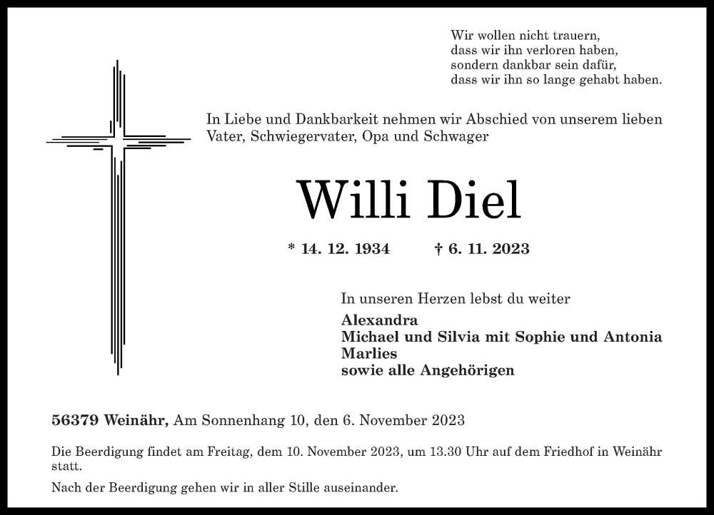  Traueranzeige für Willi Diel vom 08.11.2023 aus Rhein-Lahn-Zeitung