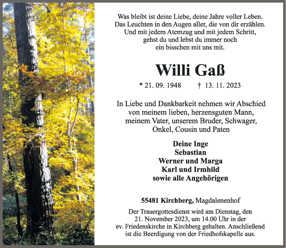  Traueranzeige für Willi Gaß vom 16.11.2023 aus Rhein-Hunsrück-Zeitung