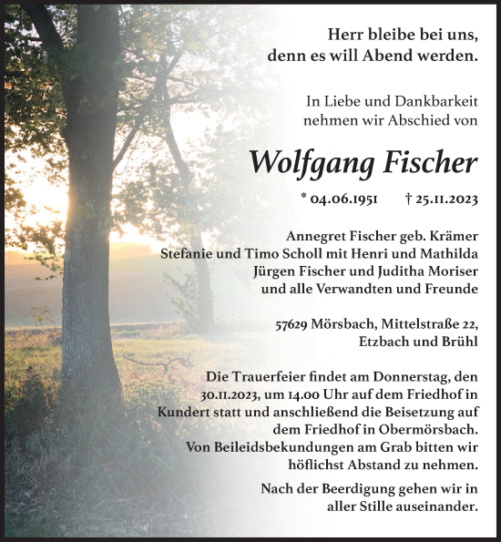 Traueranzeige von Wolfgang Fischer von Rhein-Zeitung, Westerwälder Zeitung