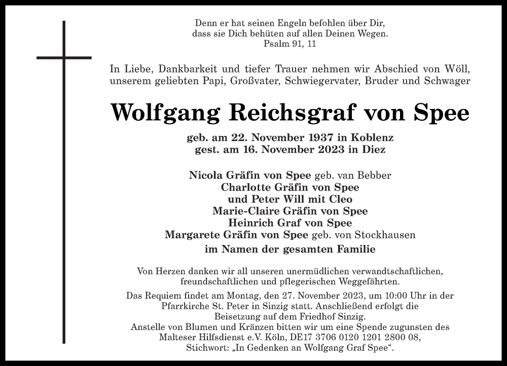  Traueranzeige für Wolfgang Reichsgraf von Spee vom 18.11.2023 aus Rhein-Zeitung