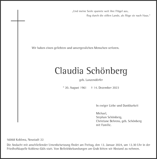 Traueranzeige von Claudia Schönberg von Rhein-Zeitung