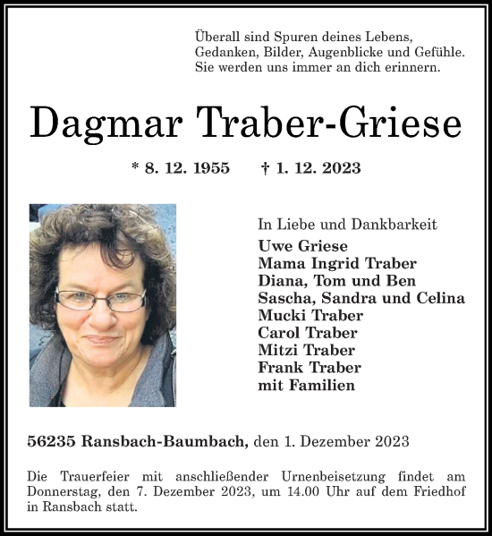 Traueranzeige von Dagmar Traber-Griese von Westerwälder Zeitung