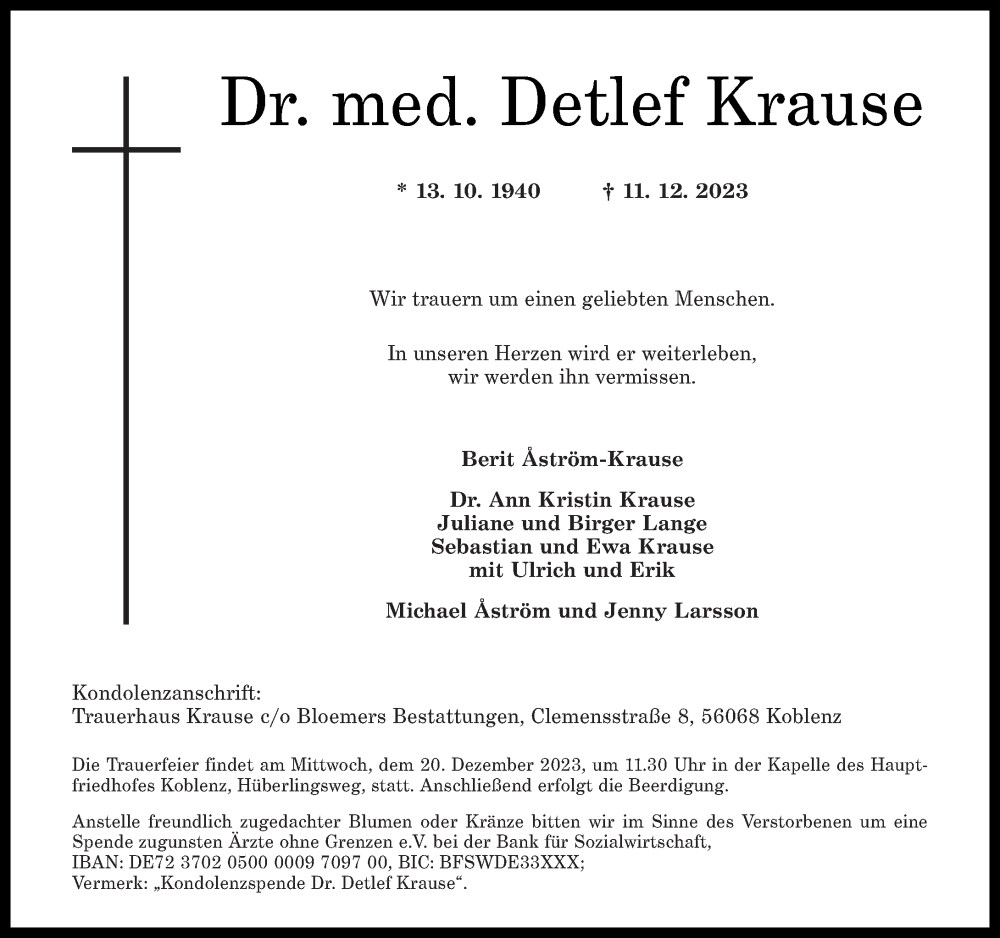  Traueranzeige für Detlef Krause vom 16.12.2023 aus Rhein-Zeitung