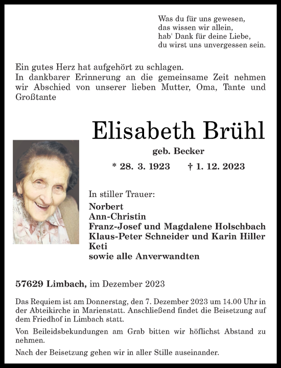 Traueranzeige von Elisabeth Brühl von Westerwälder Zeitung