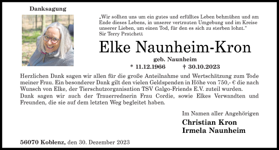 Traueranzeige von Elke Naunheim-Kron von Rhein-Zeitung