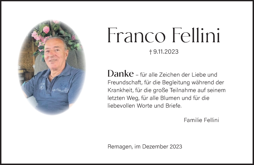  Traueranzeige für Franco Fellini vom 02.12.2023 aus Rhein-Zeitung