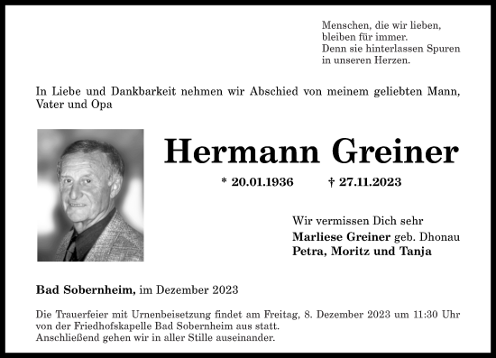 Traueranzeigen von Hermann Greiner | rz-trauer.de