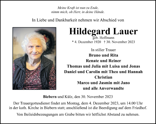 Traueranzeige von Hildegard Lauer von Rhein-Hunsrück-Zeitung