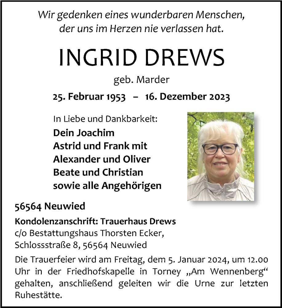 Traueranzeigen von Ingrid Drews | rz-trauer.de