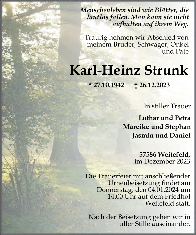 Traueranzeigen von Karl-Heinz Strunk | rz-trauer.de