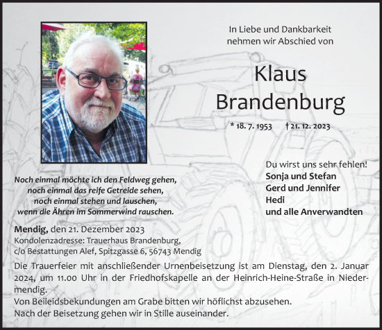 Traueranzeige von Klaus Brandenburg von Rhein-Zeitung
