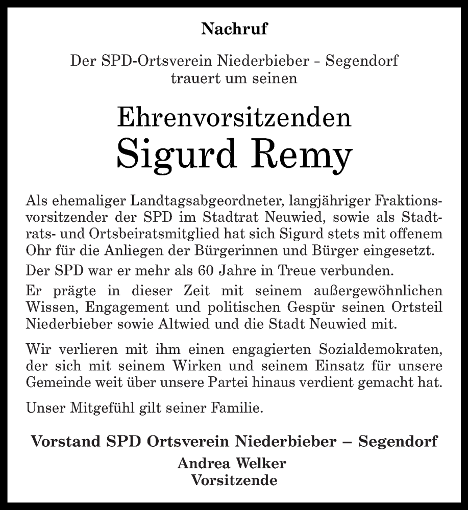  Traueranzeige für Sigurd Remy vom 16.12.2023 aus Rhein-Zeitung
