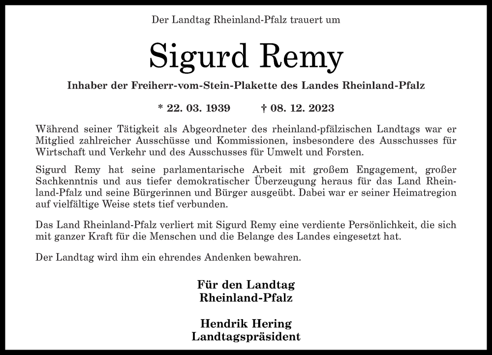  Traueranzeige für Sigurd Remy vom 20.12.2023 aus Rhein-Zeitung