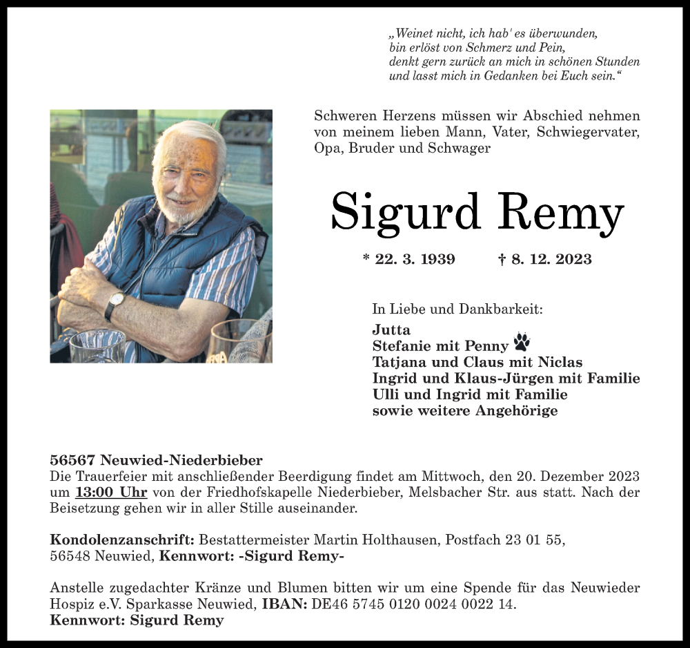  Traueranzeige für Sigurd Remy vom 16.12.2023 aus Rhein-Zeitung