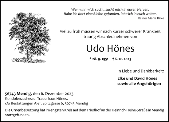 Traueranzeige von Udo Hönes von Rhein-Zeitung