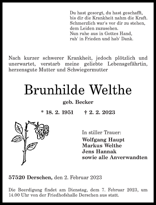 Traueranzeige von Brunhilde Welthe von Rhein-Zeitung