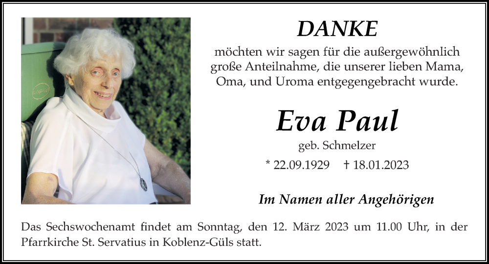  Traueranzeige für Eva Paul vom 04.02.2023 aus Rhein-Zeitung