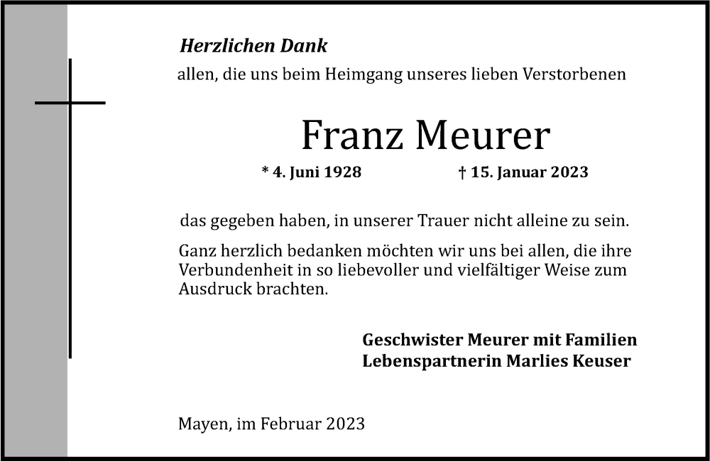  Traueranzeige für Franz Meurer vom 11.02.2023 aus Rhein-Zeitung