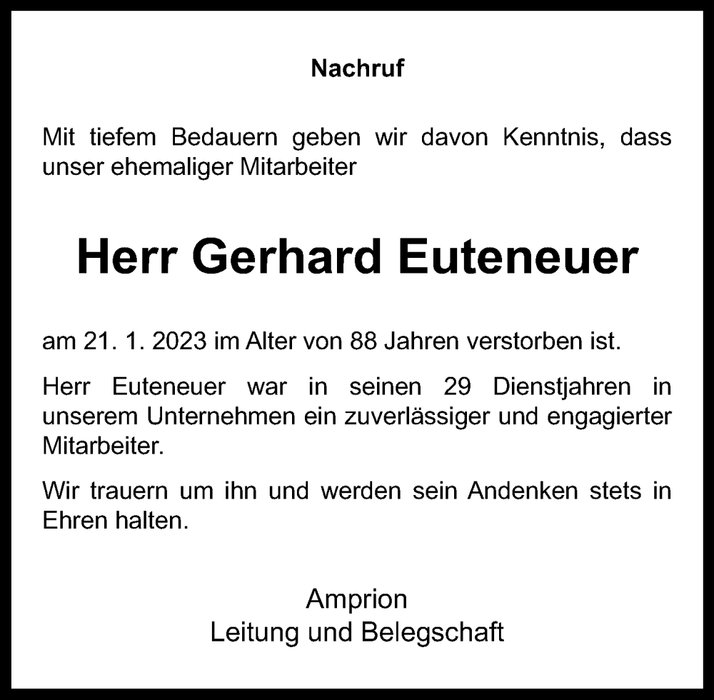  Traueranzeige für Gerhard Euteneuer vom 10.02.2023 aus Rhein-Zeitung