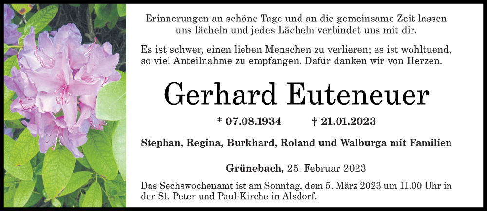  Traueranzeige für Gerhard Euteneuer vom 25.02.2023 aus Rhein-Zeitung