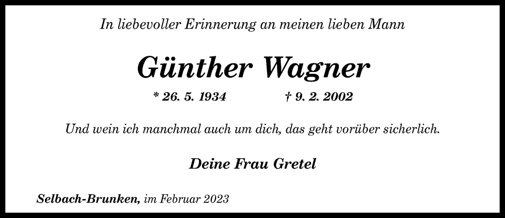  Traueranzeige für Günther Wagner vom 09.02.2023 aus Rhein-Zeitung
