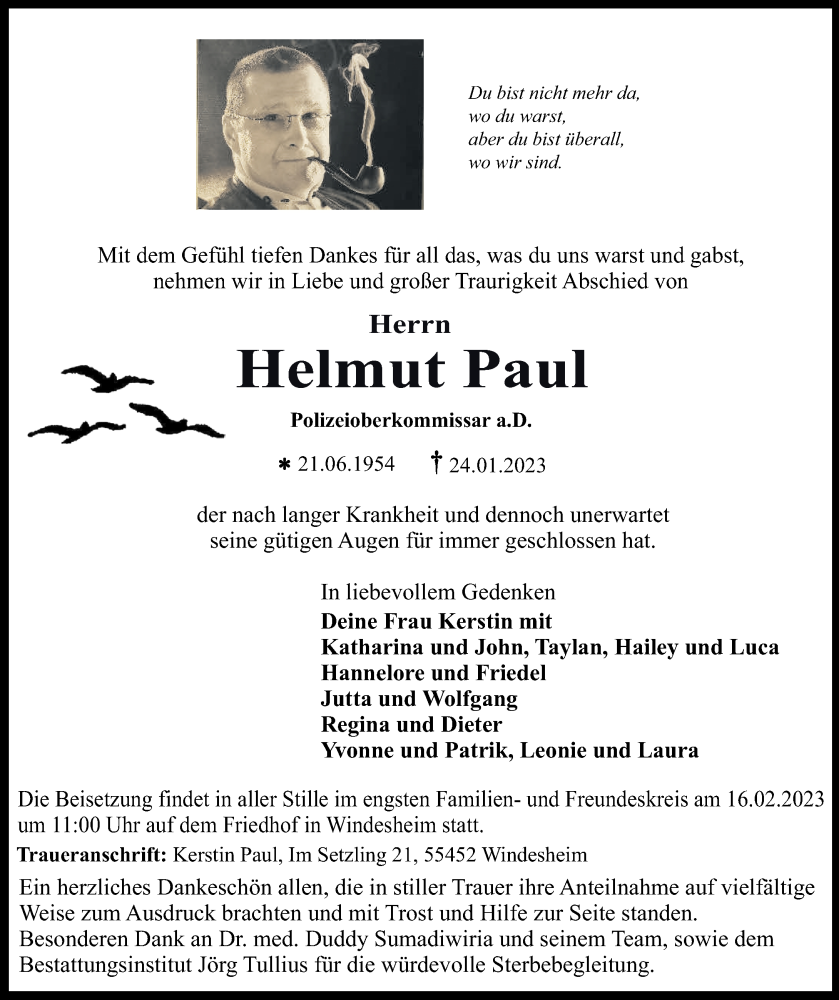  Traueranzeige für Helmut Paul vom 13.02.2023 aus Oeffentlicher Anzeiger