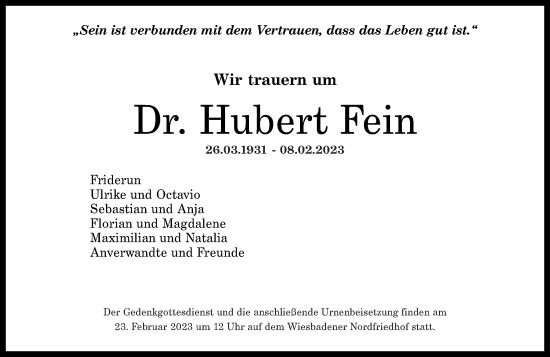 Traueranzeige von Hubert Fein von Westerwälder Zeitung