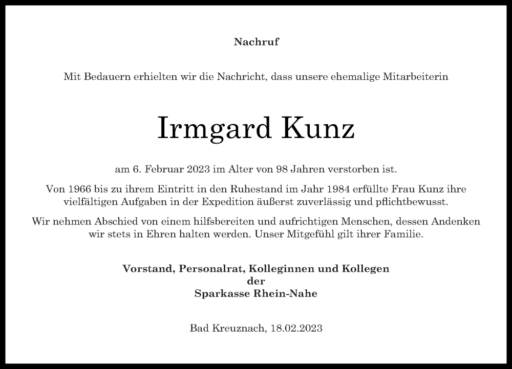 Traueranzeigen Von Irmgard Kunz Rz Trauer De