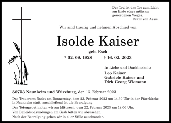 Traueranzeige von Isolde Kaiser von Rhein-Zeitung