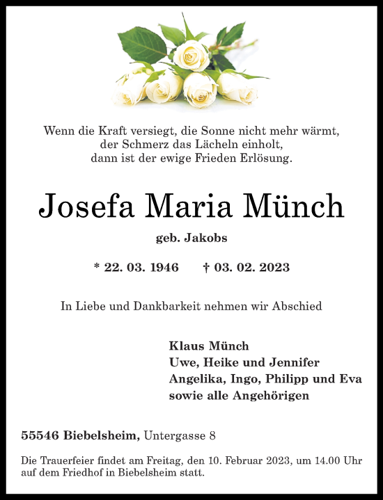 Traueranzeige von Josefa Maria Münch von Oeffentlicher Anzeiger
