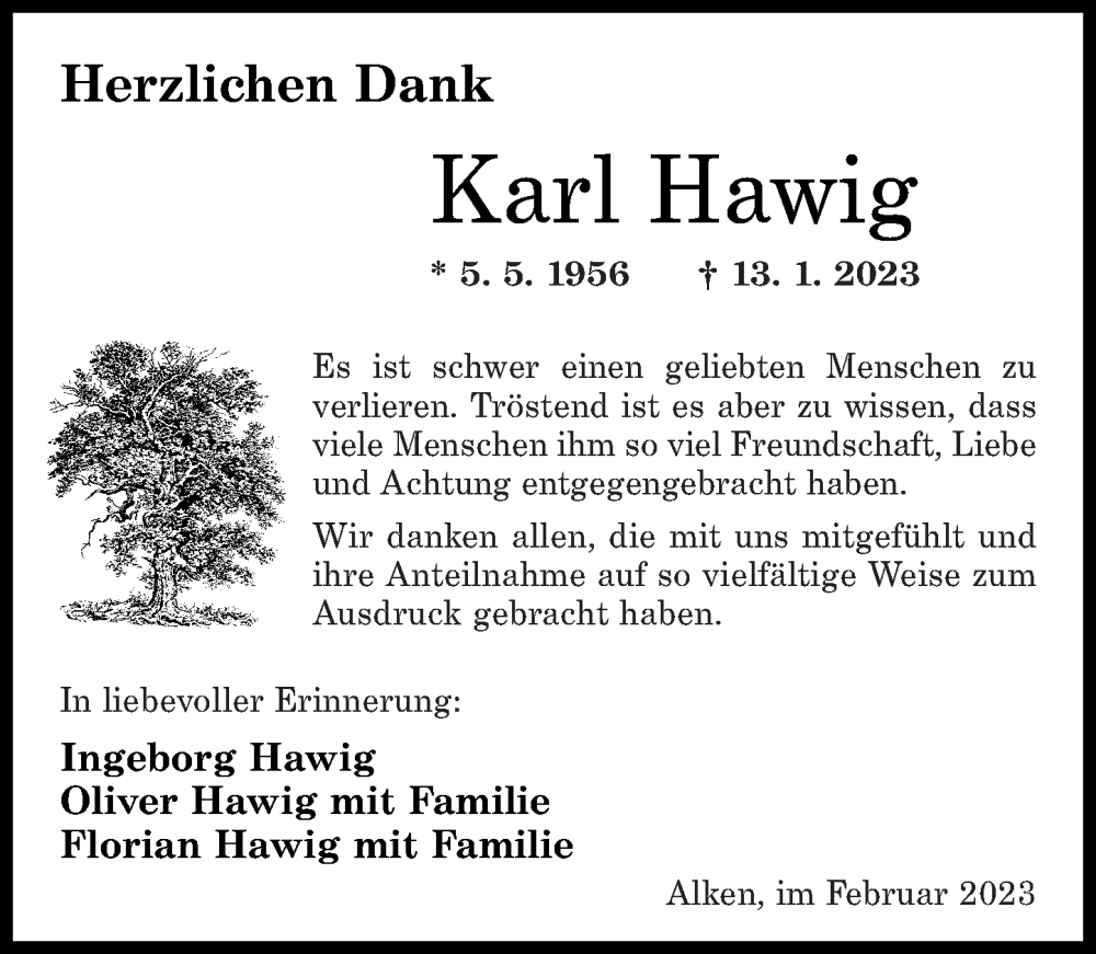  Traueranzeige für Karl Hawig vom 11.02.2023 aus Rhein-Zeitung