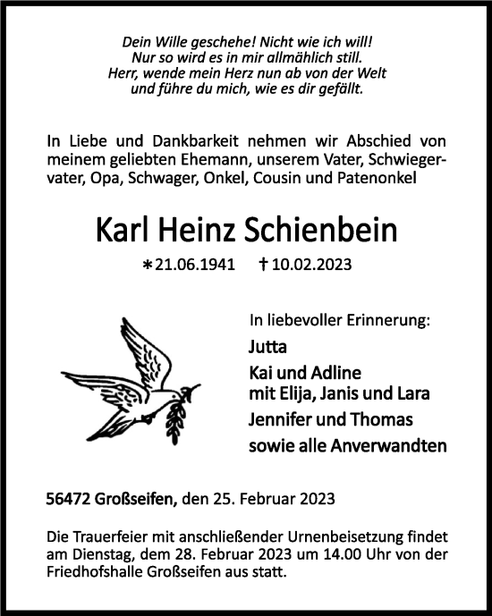 Traueranzeige von Karl Heinz Schienbein von Westerwälder Zeitung