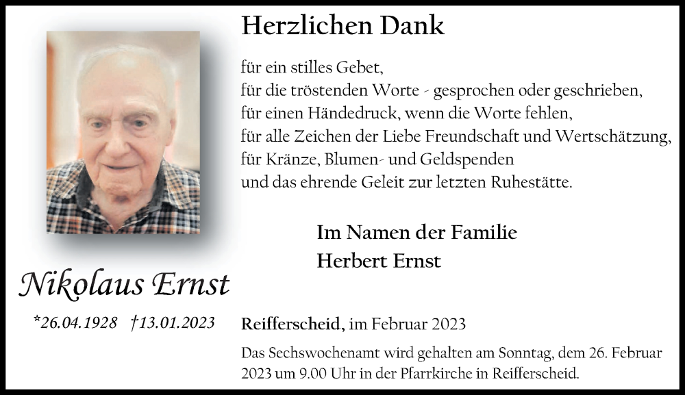  Traueranzeige für Nikolaus Ernst vom 18.02.2023 aus Rhein-Zeitung